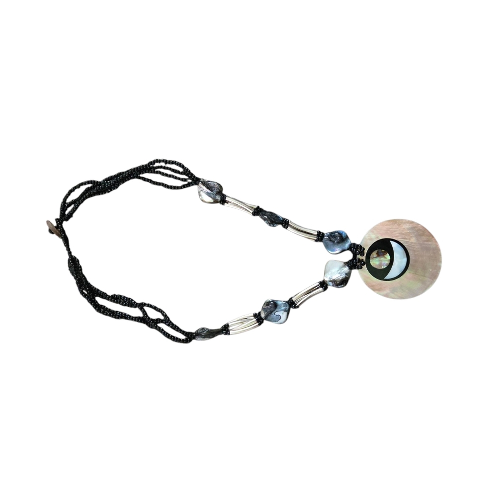 Albalone Shell Inlay Pendant Black and Silver Necklace